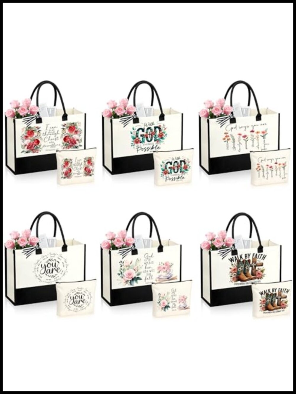 Canvas Tote Bag & Makeup Bag Set 12 Pcs Reusable Grocery Bags